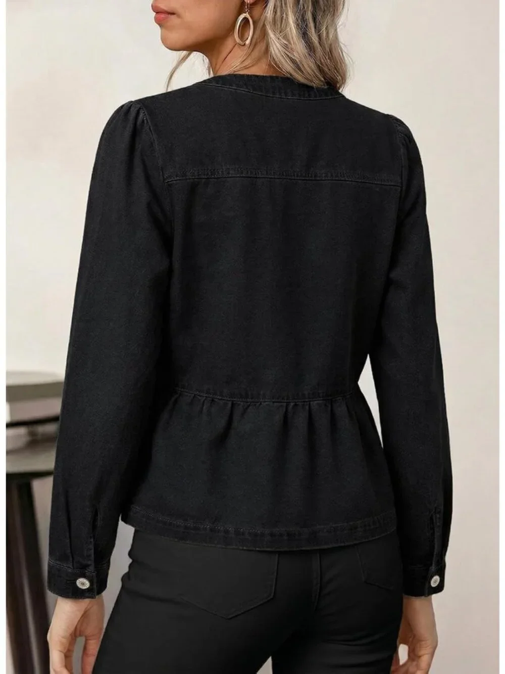 Women's Black Button Down Long Sleeve Collarless Cinched Waist Denim Jackets